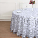 120inch Silver Sequin Leaf Embroidered Seamless Tulle Round Tablecloth, Sheer Table Overlay
