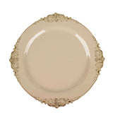 Taupe Gold Leaf Embossed Baroque Plastic Dinner Plates, Disposable Vintage Round Dinner Plates