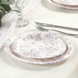 25 Pack 7inch French Toile Disposable Salad Plates, White Lavender Lilac Round Paper