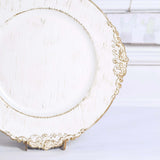 6 Pack | 13inch White Washed Gold Embossed Baroque Charger Plates, Round With Antique Design Rim