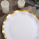 25 Pack | 10inch Matte White / Gold Wavy Rim Disposable Dinner Plates, Round Paper Party Plates