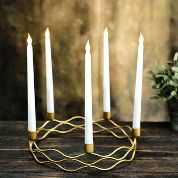 Round Wreath Taper Candelabra 5 Arm Gold Metal Decorative Centerpiece - Tabletop Candle Holder 12"