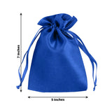 Blue satin drawstring bag, 7 inches tall and 5 inches wide.