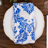 5 Pack Royal Blue White Damask Flocking Taffeta Napkins, Decorative Cloth Napkins