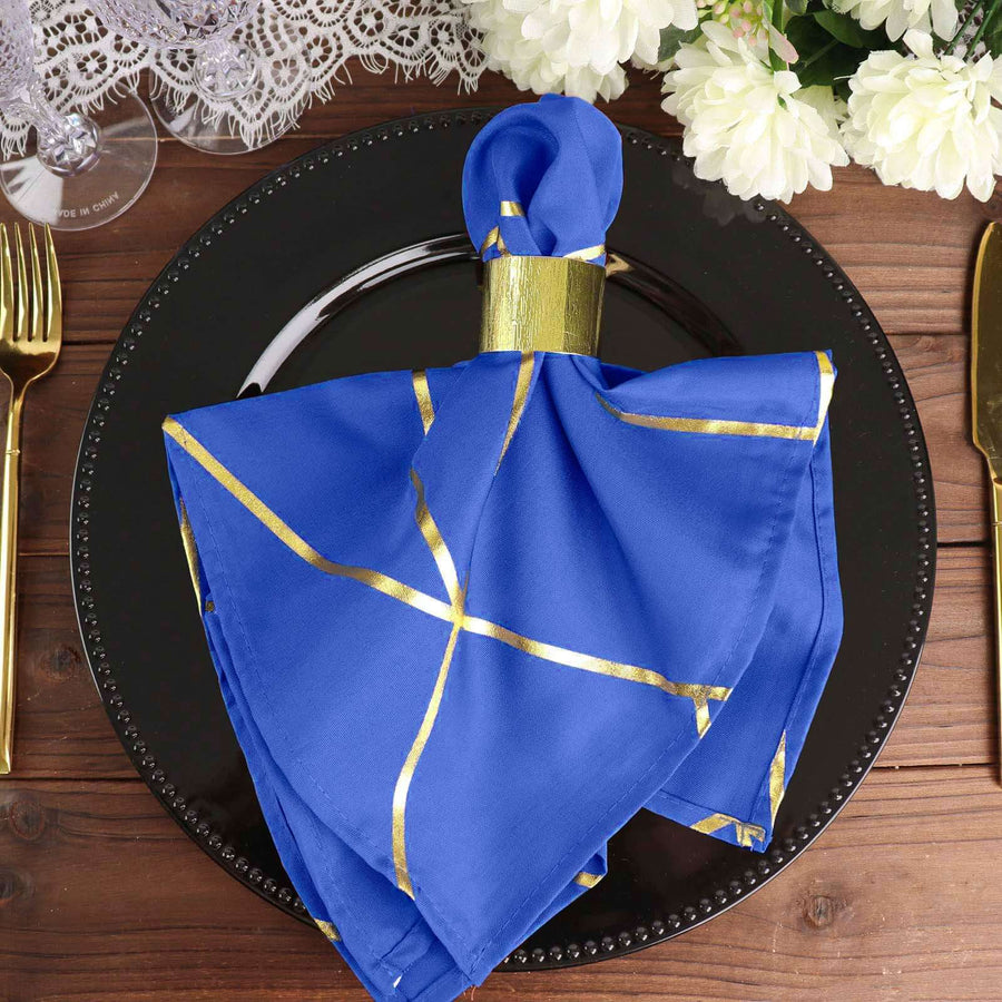 5 Pack | Royal Blue With Geometric Gold Foil Cloth Polyester Dinner Napkins | 20x20inch