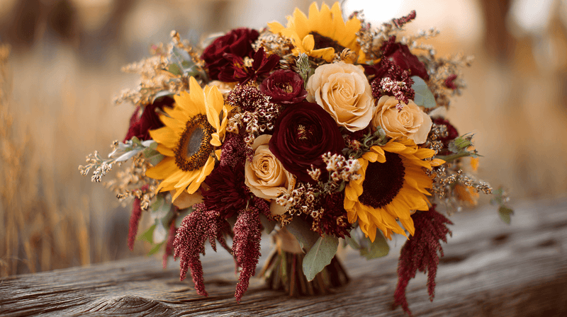 Burgundy and sunflower bouquet