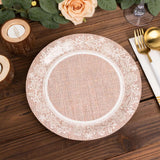 25 Pack Natural Burlap Print 9inch Round Disposable Party Plates With White Floral Lace Rim