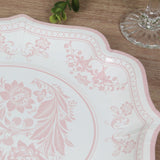 25-Pack Paper Dinner Plates in White Pink Damask Floral Pattern