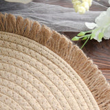 15inch Round Natural Rustic Burlap Jute Placemats Fringed Edges, Farmhouse Placemats with Trim