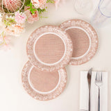 25 Pack Natural Burlap Print Paper Salad Plates with Floral Lace Rim