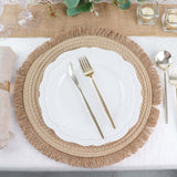 15inch Round Natural Rustic Burlap Jute Placemats Fringed Edges, Farmhouse Placemats with Trim