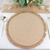 15inch Round Natural Rustic Burlap Jute Placemats Fringed Edges, Farmhouse Placemats with Trim