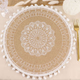 Jute & White Embroidery Mandala Print Placemats, Rustic Round Woven Burlap Tassel Table Mats