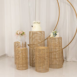 Set of 5 Natural Woven Rattan Wicker Pedestal Stands, Boho Chic Side Table Cylinder Cake Dessert