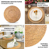 6 Pack Natural Woven Rattan Print Disposable Dining Table Mats, 13inch Round Cardstock Paper