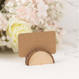 Set of 10 Semicircle Natural Wooden Place Card Holders With Brown Paper Place Cards