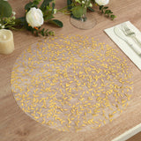 10 Pack White Mesh Organza Dining Table Mats Gold Foil Leaf Vines, Floral Round Placemats - 13inch