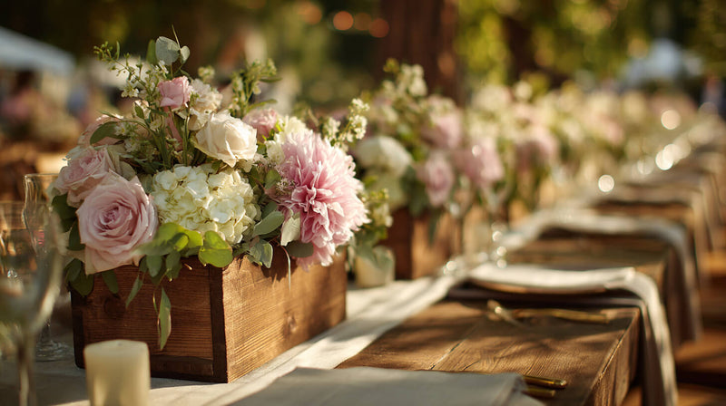 Floral centerpiece in rustic wooden box