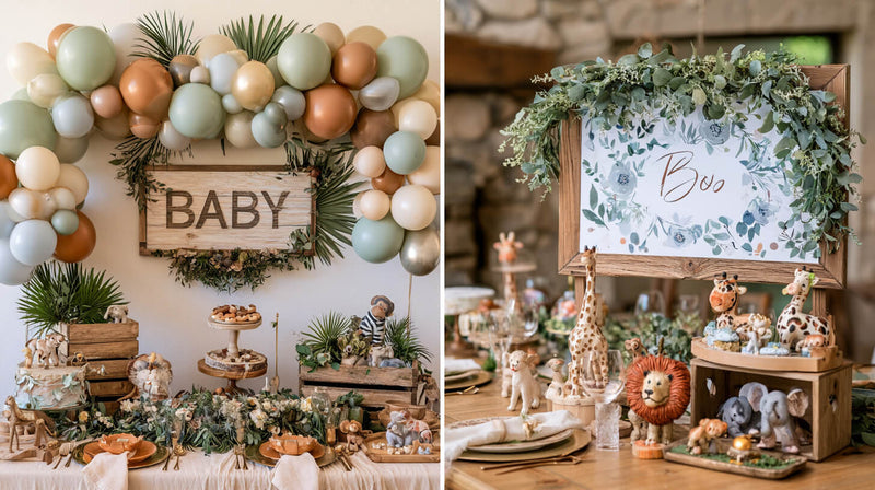 Safari baby shower display with balloons and animal decor