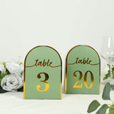 25 Pack Sage Green Arch Table Numbers Tent Cards with Metallic Gold Foil 1-25 Numbers Print