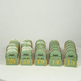 25 Pack Sage Green Arch Table Numbers Tent Cards with Metallic Gold Foil 1-25 Numbers Print