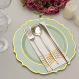 10 Pack | 10Inch Sage Green Plastic Dinner Plates Disposable Tableware Round With Gold Scalloped Rim