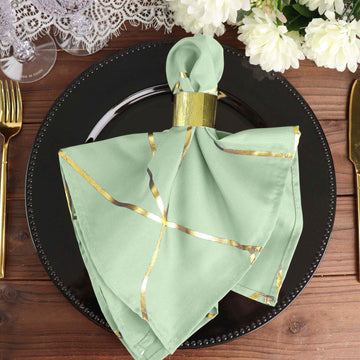 5 Pack Sage Green With Geometric Gold Foil Cloth Polyester Dinner Napkins 20"x20"