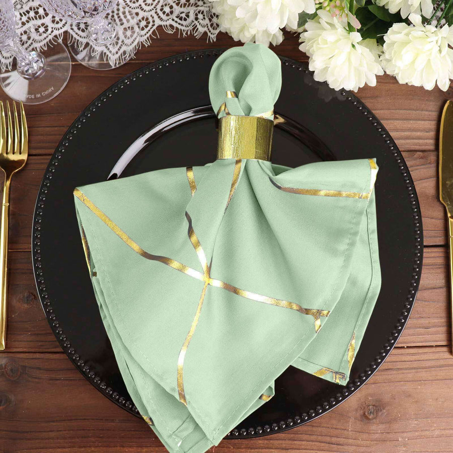 5 Pack | Sage Green With Geometric Gold Foil Cloth Polyester Dinner Napkins | 20x20inch