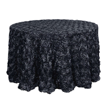 Satin 120" Round Tablecloth Black - Grandiose 3D Rosette with Seamless Finish Table Cover