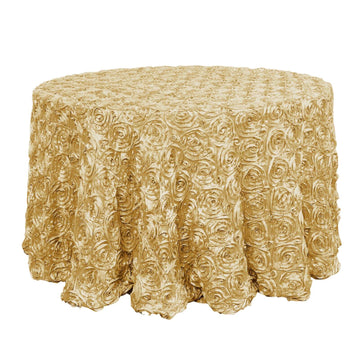 Satin 120" Round Tablecloth Champagne - Grandiose 3D Rosette with Seamless Finish Table Cover