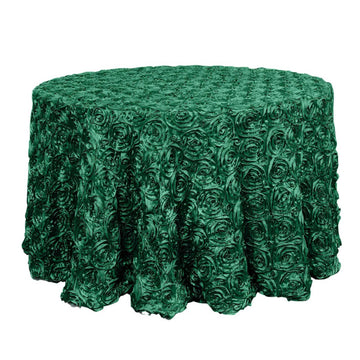 Satin 120" Round Tablecloth Hunter Emerald Green - Grandiose 3D Rosette with Seamless Finish Table Cover