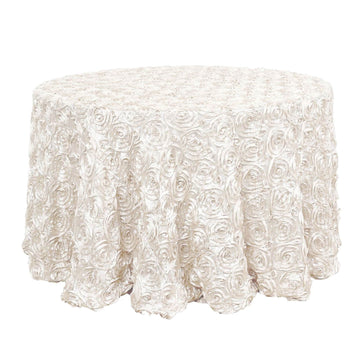 Satin 120" Round Tablecloth Ivory - Grandiose 3D Rosette with Seamless Finish Table Cover