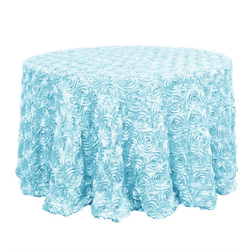 Satin 120" Round Tablecloth Light Blue - Grandiose 3D Rosette with Seamless Finish Table Cover