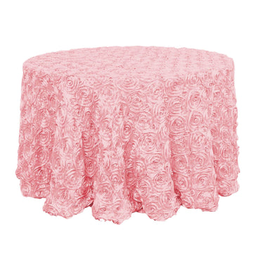 Satin 120" Round Tablecloth Pink - Grandiose 3D Rosette with Seamless Finish Table Cover