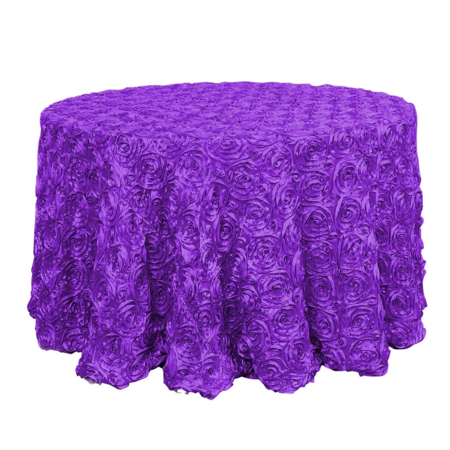 120inch Purple Grandiose 3D Rosette Satin Round Tablecloth