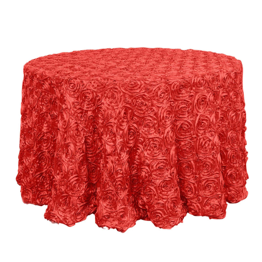 120inch Red Grandiose 3D Rosette Satin Round Tablecloth