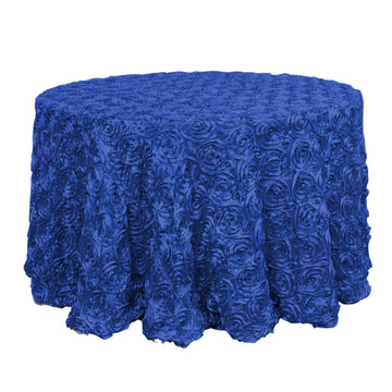 Satin 120" Round Tablecloth Royal Blue - Grandiose 3D Rosette with Seamless Finish Table Cover