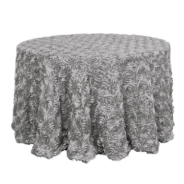 Satin 120" Round Tablecloth Silver - Grandiose 3D Rosette Design with Seamless Finish for Luxe Events