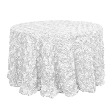 Satin 120" Round Tablecloth White - Grandiose 3D Rosette Design with Seamless Finish for Luxe Events