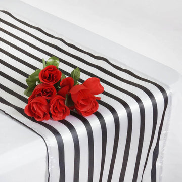 Satin 12"x108" Table Runner Black/White Asymmetric Stripe - Modern Chic Table Decor