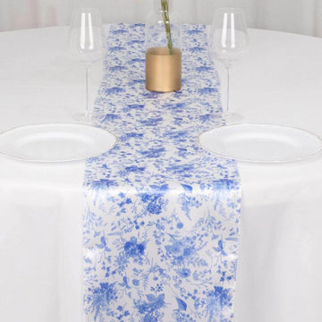 Satin 12"x108" Table Runner White with Blue French Toile Floral Pattern - Refined Style for Upscale Events