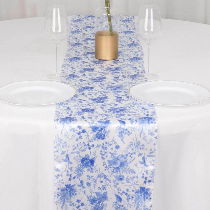 12x108inch White Blue Satin Table Runner in French Toile Floral Pattern#whtbkgd