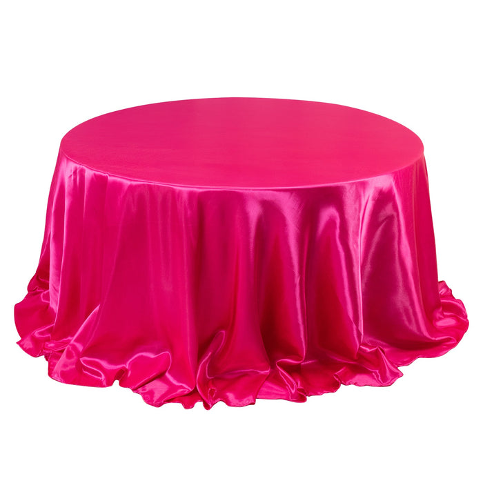 132inch Fuchsia Seamless Satin Round Tablecloth for 6 Foot Table With Floor-Length Drop