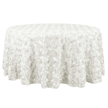 Satin 132" Round Tablecloth Ivory - Seamless Grandiose 3D Rosette Table Cover