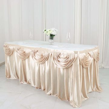 Satin 14ft Table Skirt Beige - Pleated Double Drape Table Cover