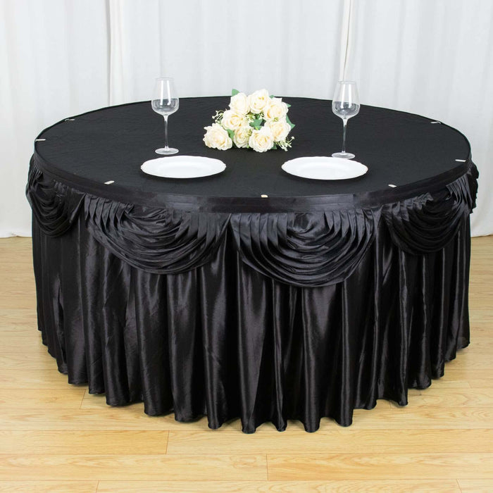 Satin 14ft Table Skirt Black Pleated Double Drape Design - Soft & Graceful for Events