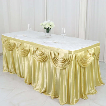 Satin 14ft Table Skirt Champagne - Pleated Double Drape Table Cover