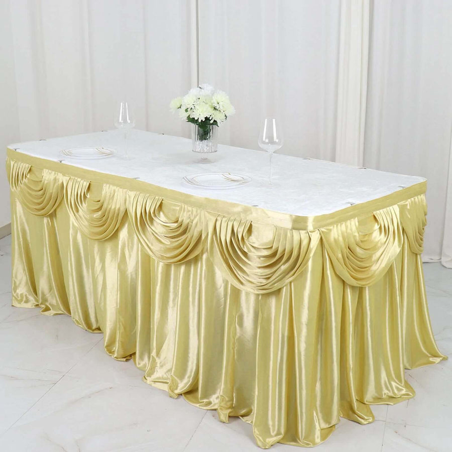 14ft Champagne Pleated Satin Double Drape Table Skirt