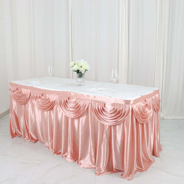 Satin 14ft Table Skirt Dusty Rose - Pleated Double Drape Table Cover