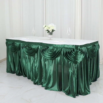 Satin 14ft Table Skirt Hunter Emerald Green - Pleated Double Drape Table Cover